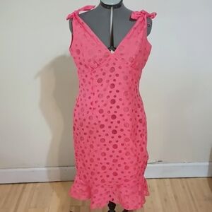 London times size 12 coral pink polkadot wiggle dress with ruffle